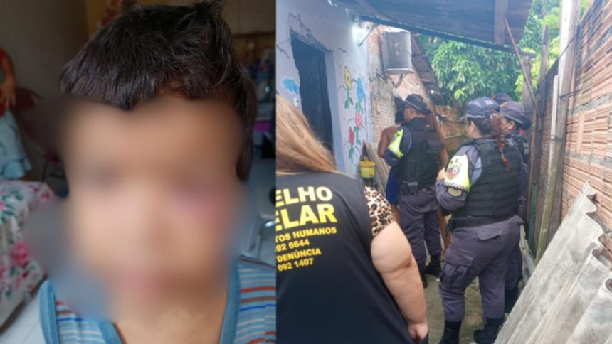 Criança com rosto borrado e policiais em ação. Uma pessoa veste colete escrito 'Conselho Tutelar'.
