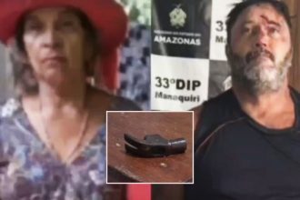 Mulher com chapéu e homem ferido com uma marreta em foco, em Manaquiri, Amazonas