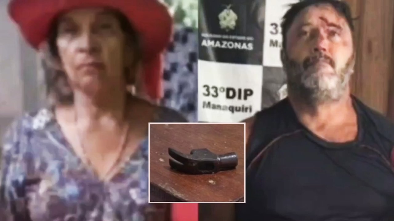 Mulher com chapéu e homem ferido com uma marreta em foco, em Manaquiri, Amazonas