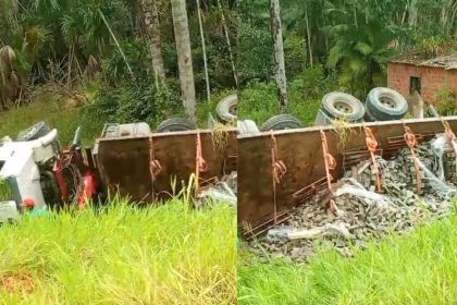 Caminhão tomba na BR-174 após perder força em ladeira e deixa dois feridos