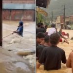 Vídeo mostra moradores utilizando cordas para não serem levados por enxurrada