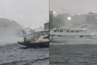 Redemoinho atinge embarcação durante temporal no Rio Negro