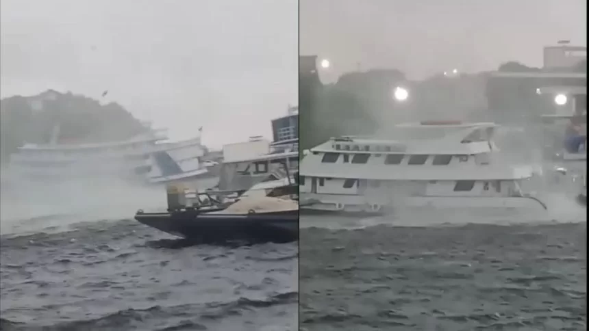 Redemoinho atinge embarcação durante temporal no Rio Negro
