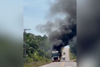 Pneus estouram e caminhão carregado com combustível pega fogo na BR-174