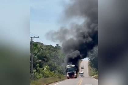 Pneus estouram e caminhão carregado com combustível pega fogo na BR-174