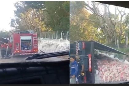 Carreta carregada com trigo tomba e afeta tráfego na AM-010