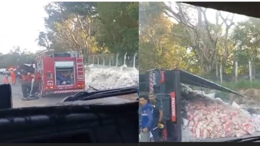 Carreta carregada com trigo tomba e afeta tráfego na AM-010