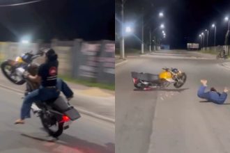 Vídeo mostra mulher caindo de cara no asfalto ao dar ‘grau’