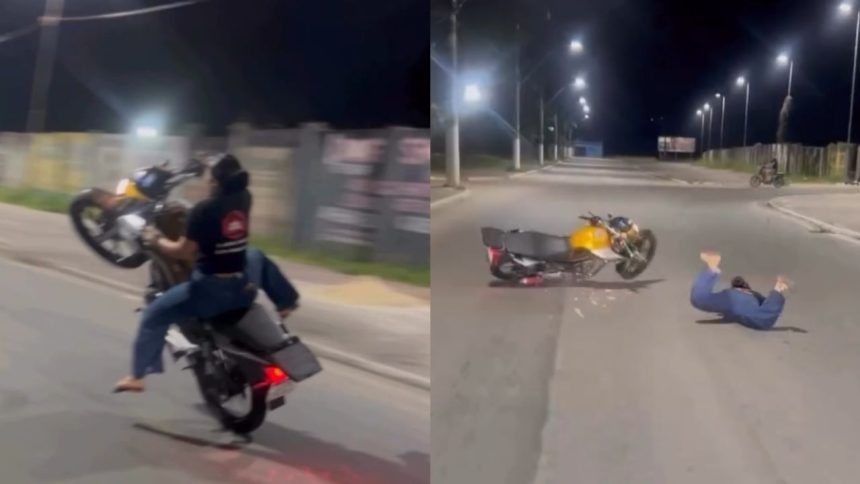 Vídeo mostra mulher caindo de cara no asfalto ao dar ‘grau’