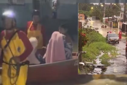 Chuva alaga Manaus e bombeiros usam botes para resgatar famílias