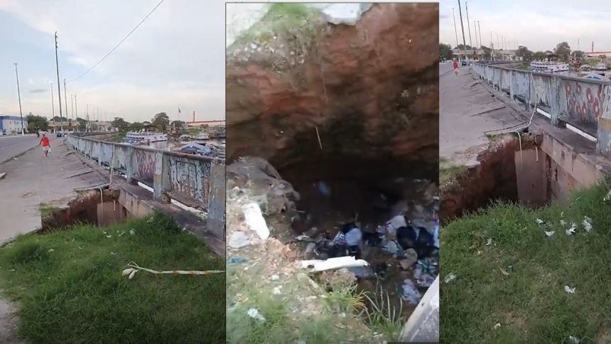 Vídeo expõe cratera com aproximadamente cinco metros próxima à Ponte do Educandos