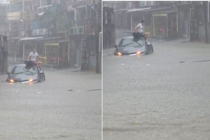 Motorista fica ilhado e sobe em veículo durante alagamento na zona sul de Manaus