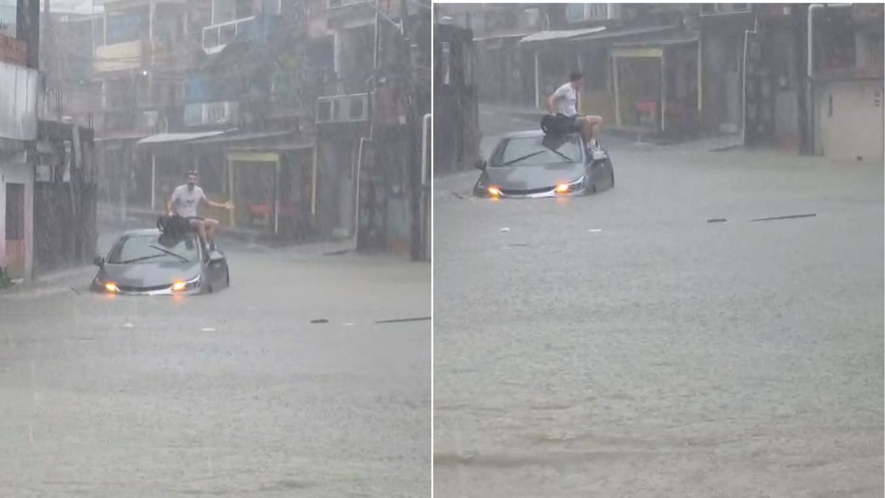 Motorista fica ilhado e sobe em veículo durante alagamento na zona sul de Manaus
