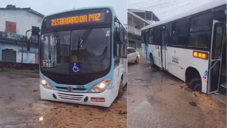 Ônibus cai em buraco durante temporal em Manaus