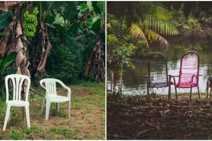 Duas cenas: cadeiras plásticas em um jardim e cadeiras coloridas à beira de um lago, com um cachorro.