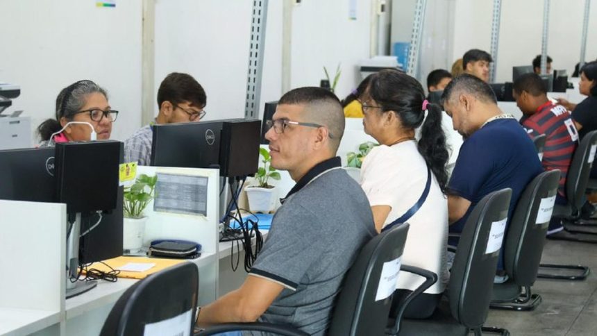 Pessoas sentadas em seus computadores em um ambiente de escritório, um local de atendimento e busca de emprego do Sine.