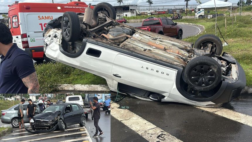 Manobra irregular provoca colisão e capotamento na Avenida do Turismo