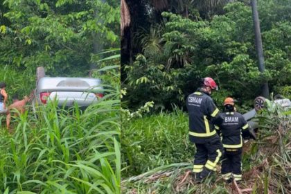 Carro capota na BR-174 após cair em buraco e atingir poste
