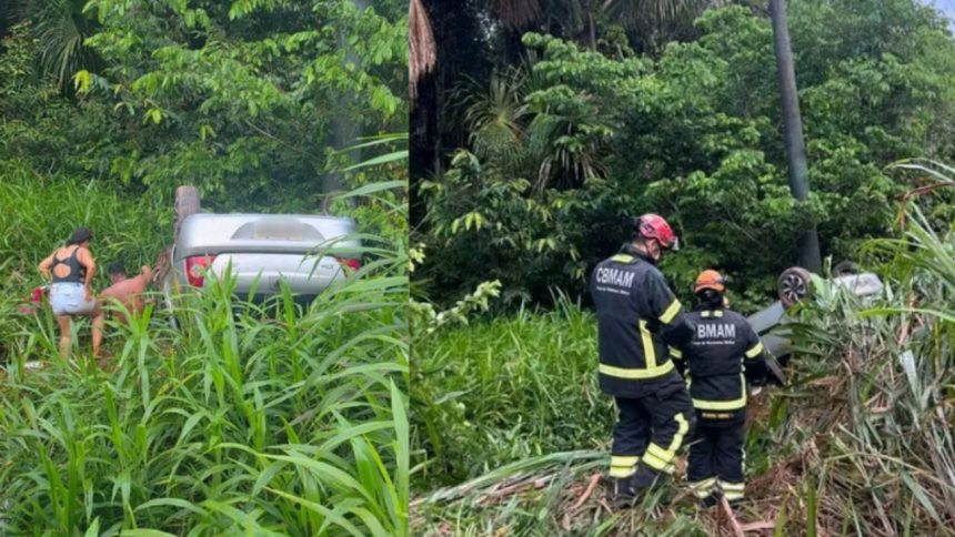 Carro capota na BR-174 após cair em buraco e atingir poste