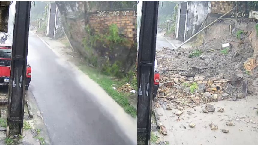 Muro desaba durante chuva intensa em Manaus e quase atinge veículo estacionado