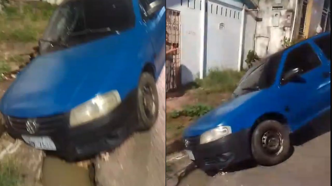 Carro fica preso em buraco após acidente no bairro Compensa 2