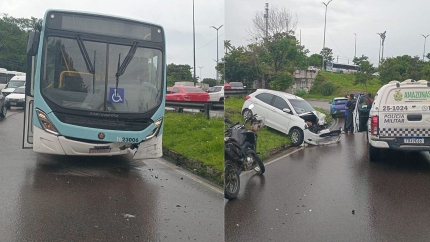 Carro por aplicativo na contramão colide com ônibus na avenida Max Teixeira