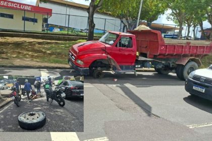 Roda de caçamba se solta e atinge casal em moto na avenida Cosme Ferreira