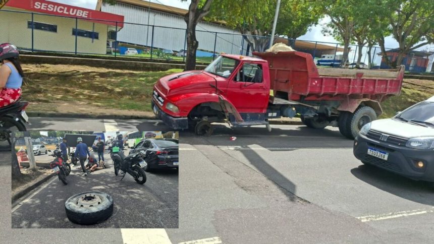 Roda de caçamba se solta e atinge casal em moto na avenida Cosme Ferreira