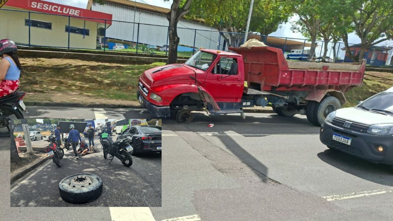 Roda de caçamba se solta e atinge casal em moto na avenida Cosme Ferreira