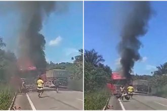 Carreta pega fogo e interdita a BR-174 em Manaus