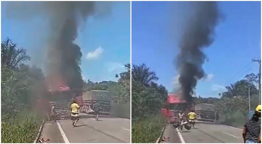 Carreta pega fogo e interdita a BR-174 em Manaus